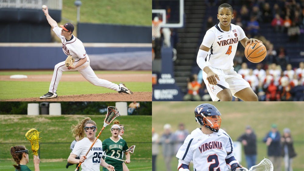 Junior starting pitcher Evan Sperling (top left), sophomore guard Dominique Toussaint (top right), sophomore midfielder Sammy Mueller (bottom left) and sophomore attack Michael Kraus (bottom right) have been crucial to their teams' performances.