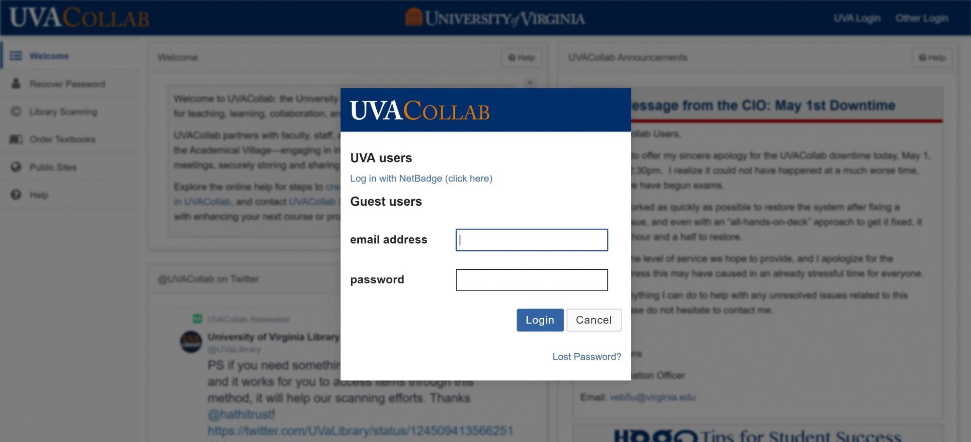 &nbsp;UVACollab suffered a total outage between 1:00 pm and 2:30pm&nbsp;