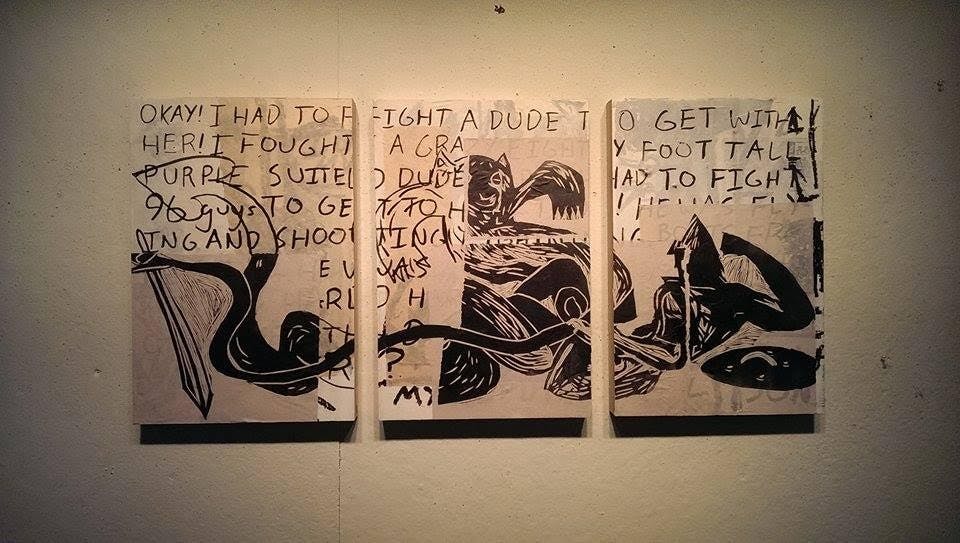 Fourth-year studio art major Cameron Mankin's linocut, acrylic, india ink, and papier collé on panels&nbsp;"Quest Romance Triptych" piece is featured in the N.O.W! gallery.&nbsp;