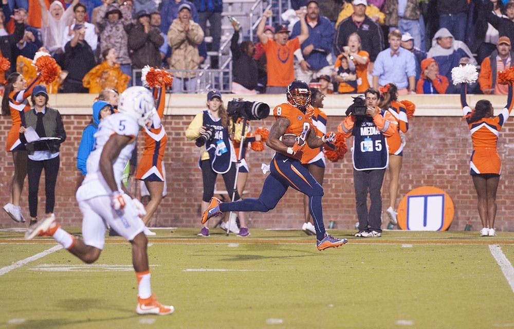 In his first start as a Cavalier, senior wide receiver T.J. Thorpe had a 75-yard touchdown reception. Thorpe, who recently recovered from a broken clavicle, transferred from North Carolina in the offseason.  
