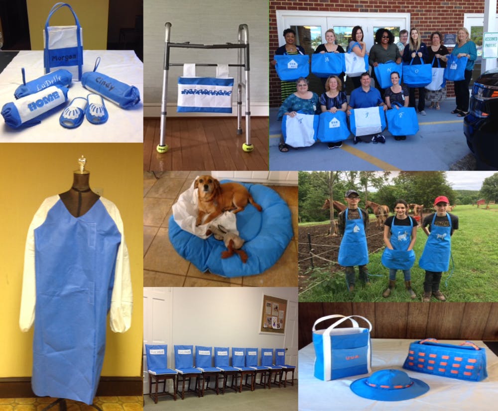 MERCI volunteers have sewn a variety of goods from unused surgical blue wrap, including tote bags, aprons, backpacks, dog beds, yoga mats and hats.