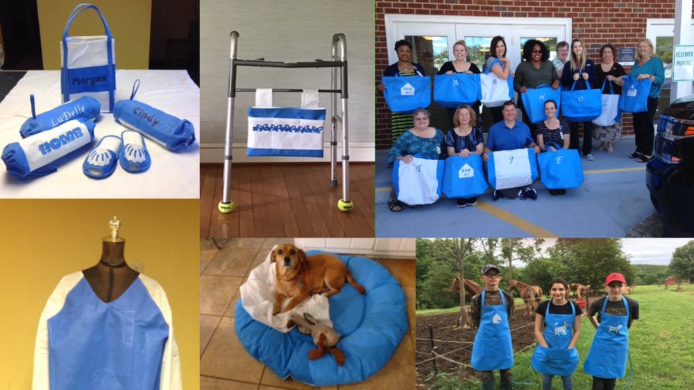 MERCI volunteers have sewn a variety of goods from unused surgical blue wrap, including tote bags, aprons, backpacks, dog beds, yoga mats and hats.