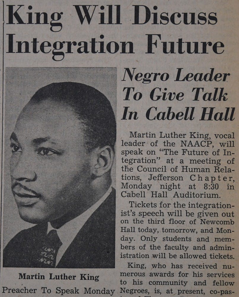 Photo taken from The&nbsp;Cavalier Daily archives dated&nbsp;March 21, 1963. This article was written in anticipation of King's visit to deliver a speech in the auditorium of Old Cabell Hall.