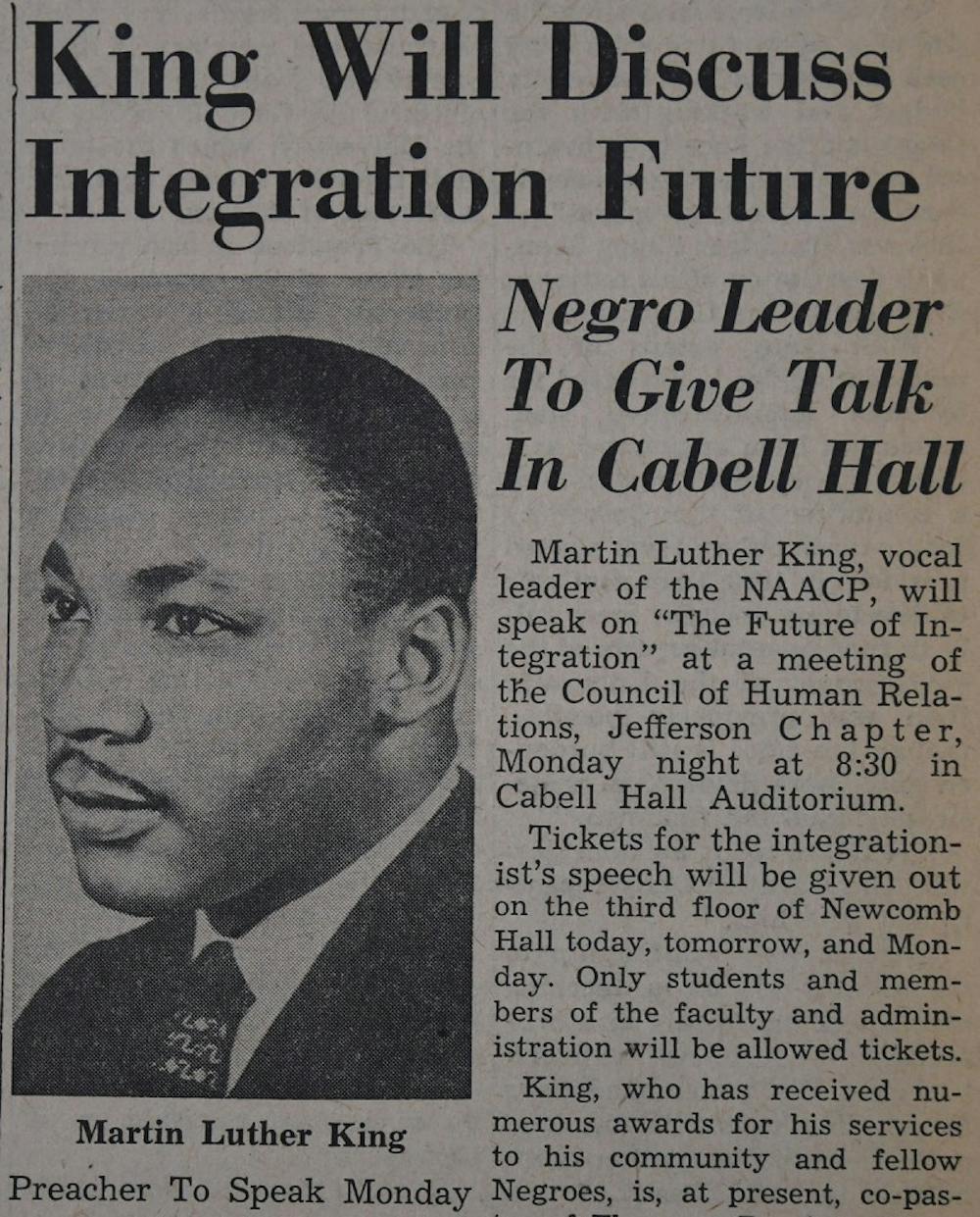 <p>Photo taken from The&nbsp;Cavalier Daily archives dated&nbsp;March 21, 1963. This article was written in anticipation of King's visit to deliver a speech in the auditorium of Old Cabell Hall.</p>