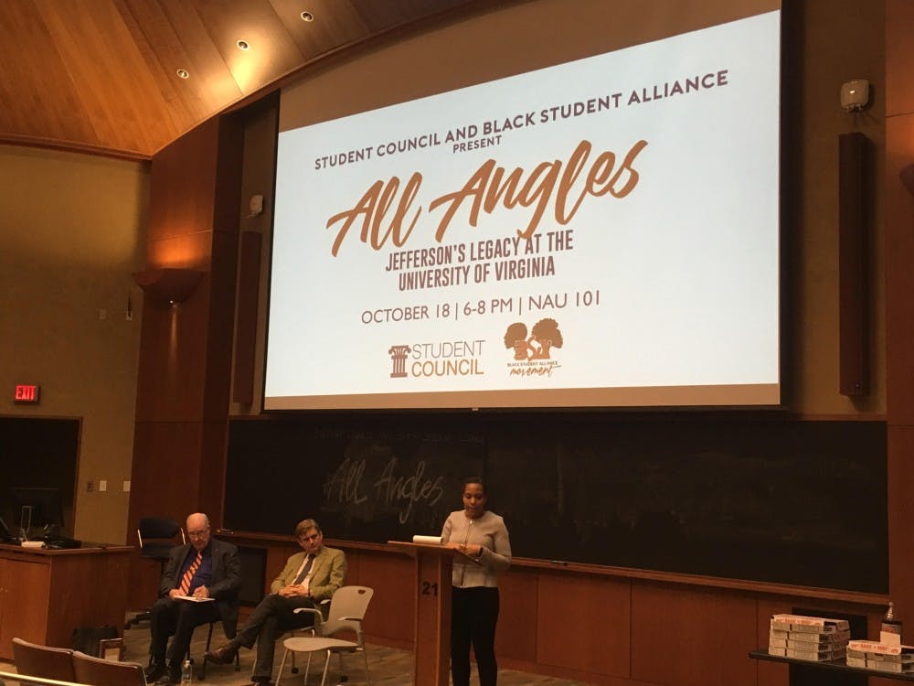 The panel included (from left to right) Law Prof. Robert Turner, Monticello Vice President Andrew O’Shaughnessy and Petal Samuel, a postdoctoral fellow in the University’s Department of African-American Studies.