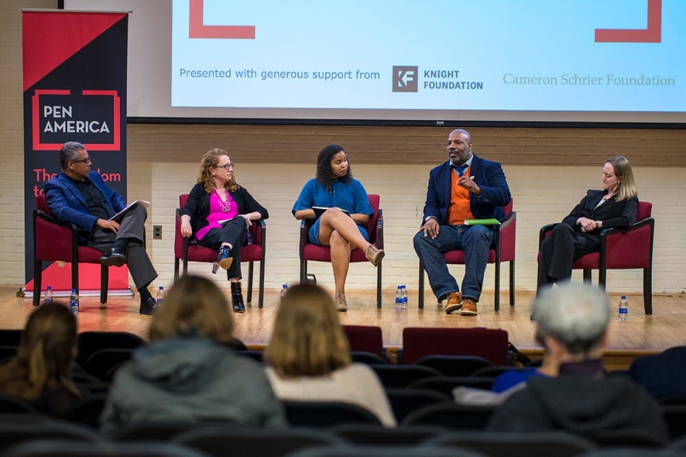 Panelists from left to right: Roger Worthington, Suzanne Nossel, Alexis Gravely, Jelani Cobb and Leslie Kendrick.&nbsp;