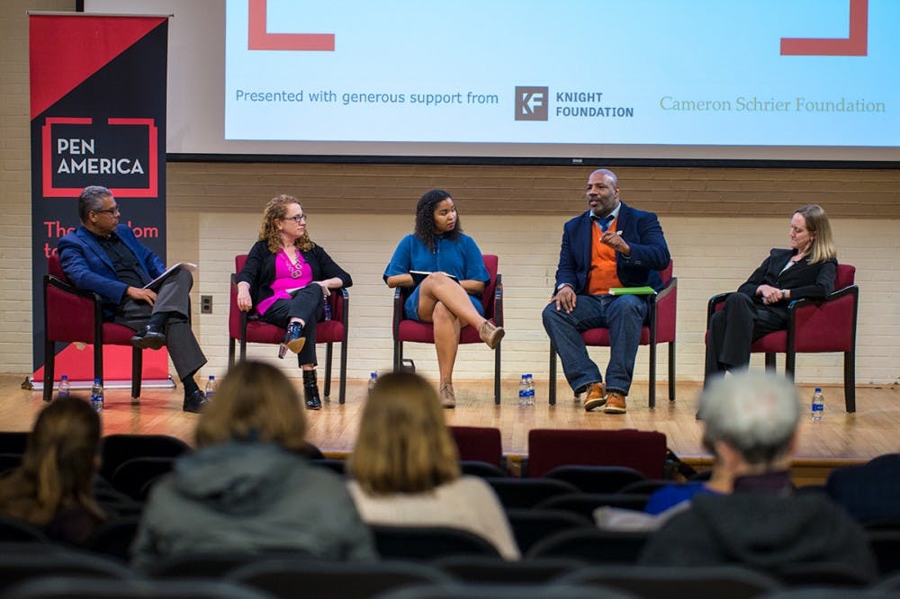 <p>Panelists from left to right: Roger Worthington, Suzanne Nossel, Alexis Gravely, Jelani Cobb and Leslie Kendrick.&nbsp;</p>