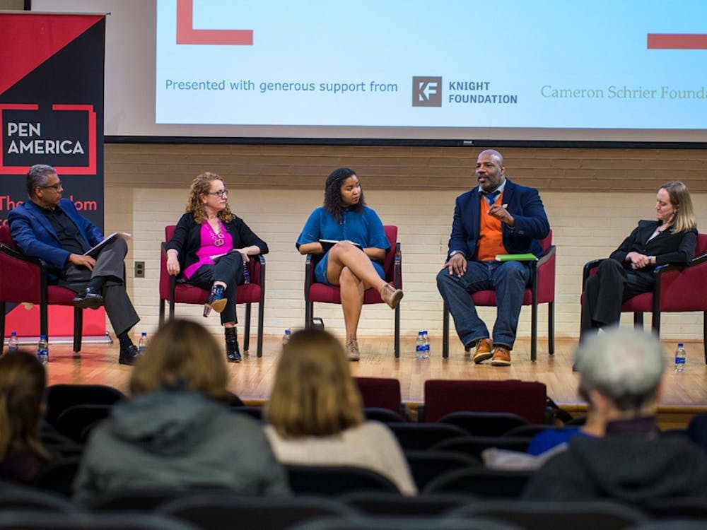 Panelists from left to right: Roger Worthington, Suzanne Nossel, Alexis Gravely, Jelani Cobb and Leslie Kendrick.&nbsp;