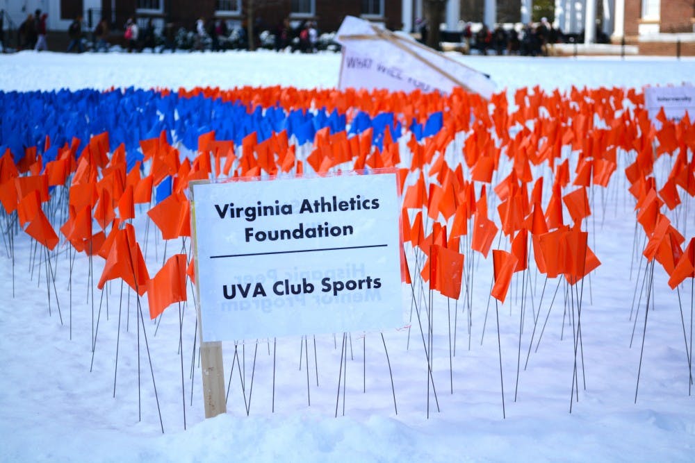 	The Fourth Year Trustees set up a display on the Lawn (above) with Orange flags representing the percent of the class that has pledged gifts.