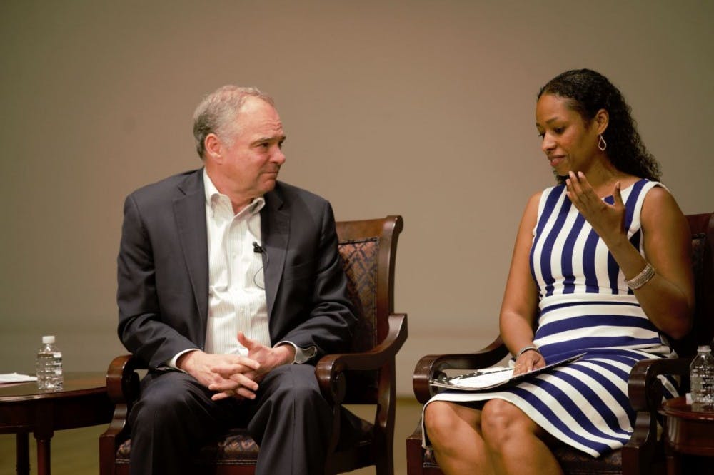 <p>Sen. Tim Kaine and Larycia Hawkins, a visiting professor in the Department of Politics and a panelist at Friday's event, spoke about the complexity of listening to groups who may convey hateful speech.&nbsp;</p>
