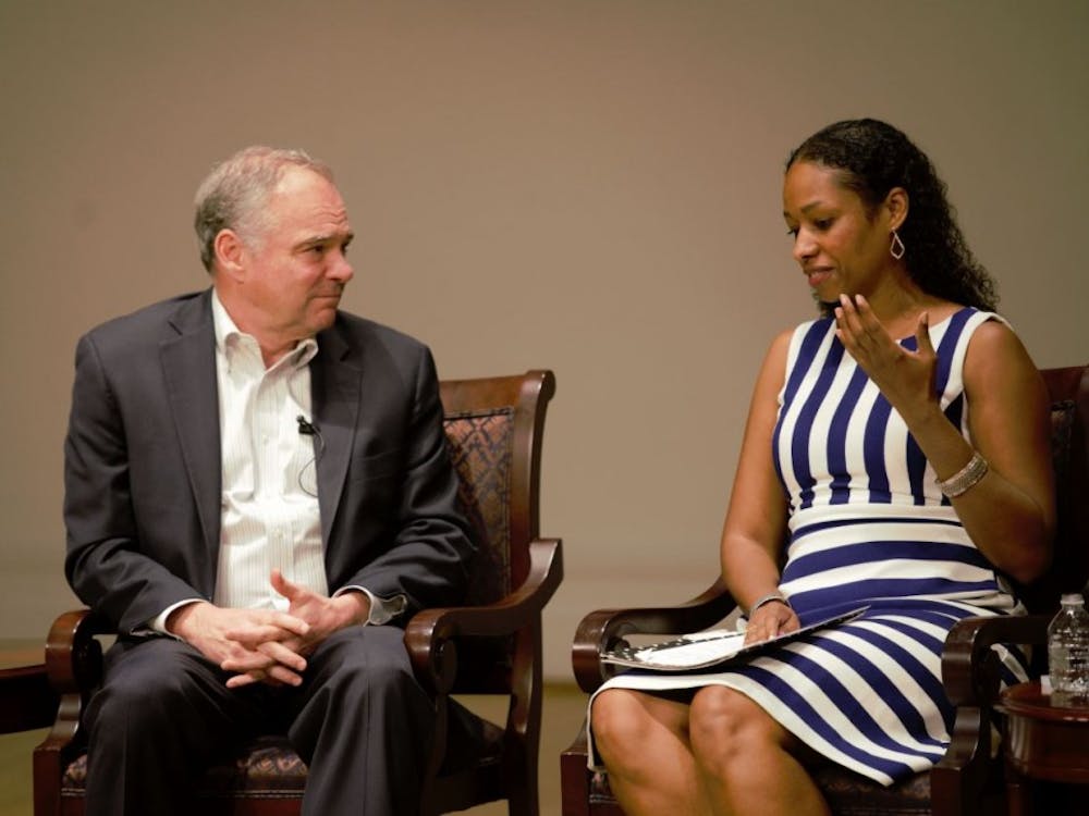 Sen. Tim Kaine and Larycia Hawkins, a visiting professor in the Department of Politics and a panelist at Friday's event, spoke about the complexity of listening to groups who may convey hateful speech.&nbsp;