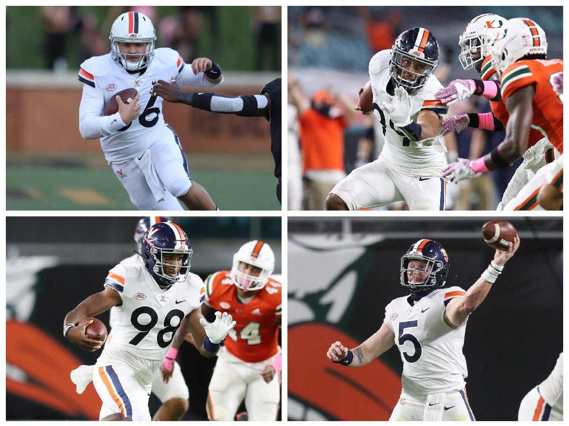 Lindell Stone (top left), Keytaon Thompson (top right), Ira Armstead (bottom left) and Brennan Armstrong (bottom right) have all contributed in various ways for the Cavaliers.