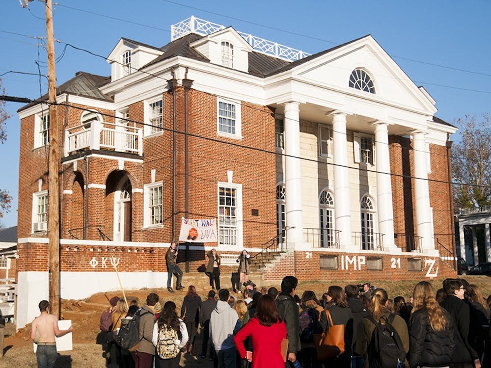 Students gathered outside of the Phi Kappa Psi house to protest the fraternity following the release of the Rolling Stone article in November.