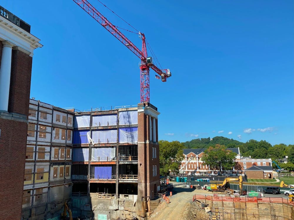 <p>Construction on Alderman Library, which is scheduled for completion in spring 2023, aims in part to make the building more sustainable.</p>
