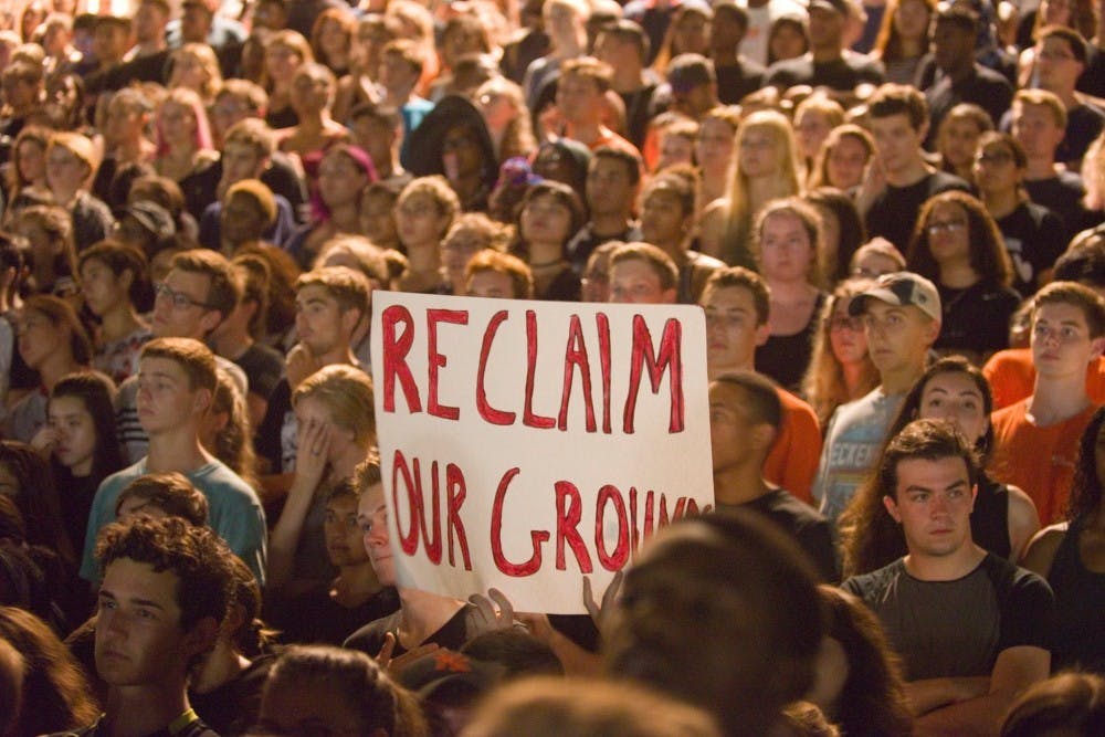 <p>Students participated in a "March to Reclaim Our Grounds" in response to the white supremacist rallies over the summer.</p>