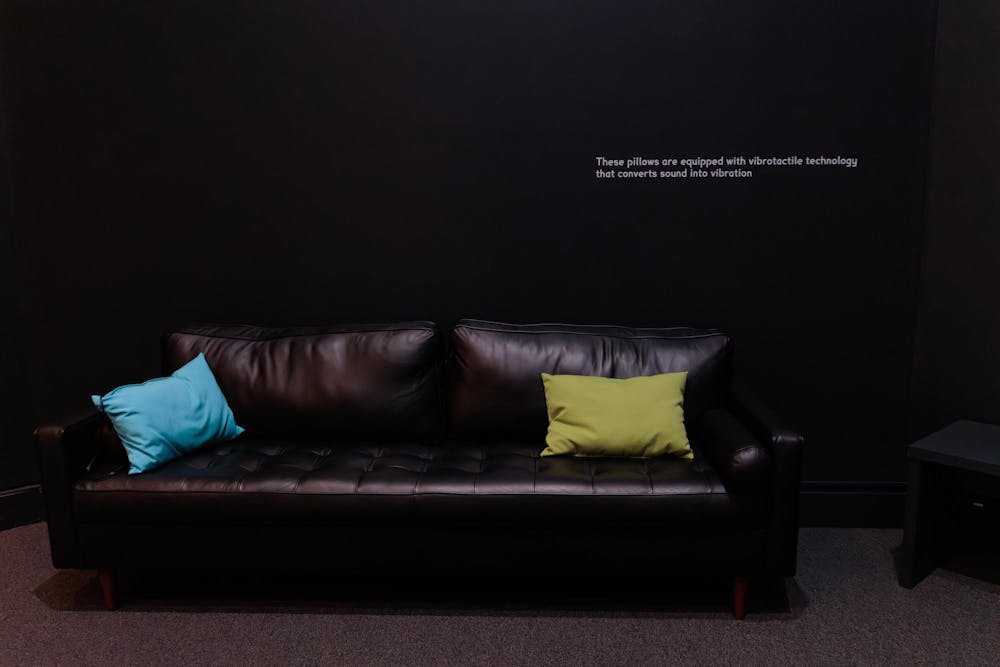 Just steps away from “Polyurethane Foam,” visitors can find themselves in a dim, octagonal gallery vibrating with JJJJJerome Ellis’s “Sonic Bathhouse #2.”