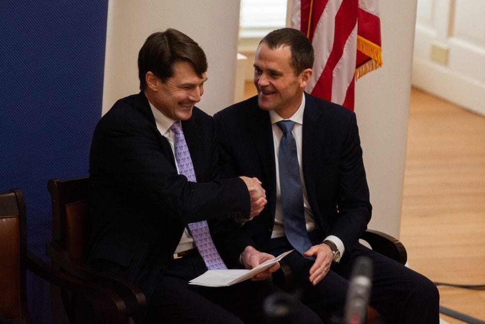 Pictured are Jaffray Woodriff (left), leader of the Quantitative Foundation and CEO of Quantitative Investment Management and University President Jim Ryan (right).&nbsp;
