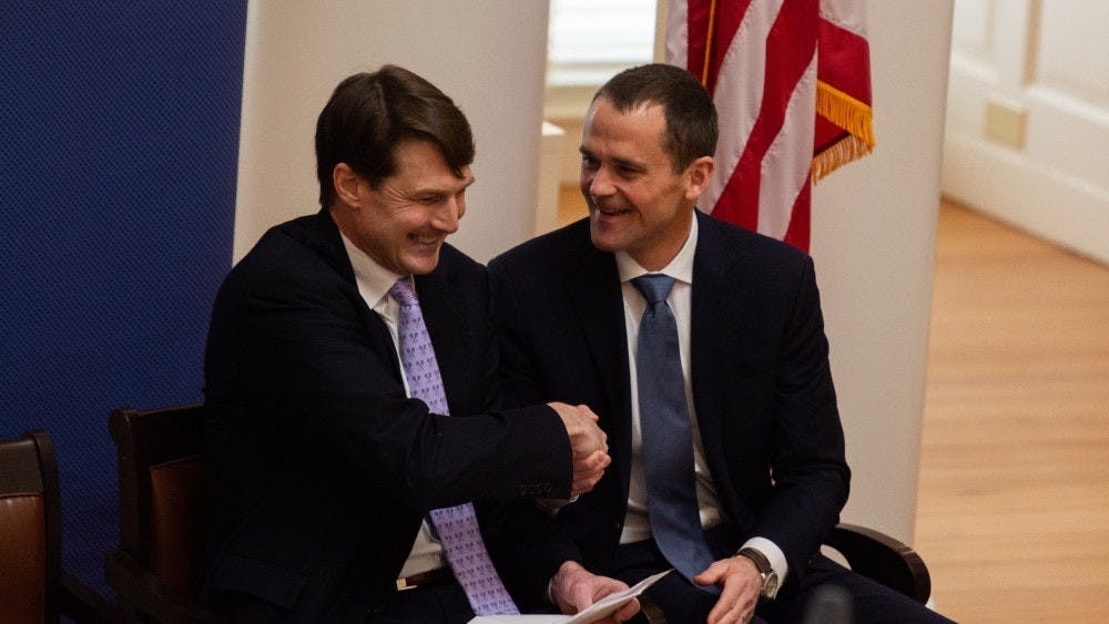 Pictured are Jaffray Woodriff (left), leader of the Quantitative Foundation and CEO of Quantitative Investment Management and University President Jim Ryan (right).&nbsp;