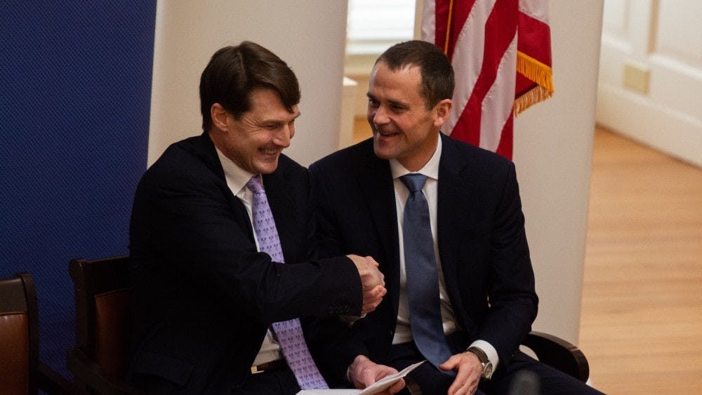 Pictured are Jaffray Woodriff (left), leader of the Quantitative Foundation and CEO of Quantitative Investment Management and University President Jim Ryan (right). 
