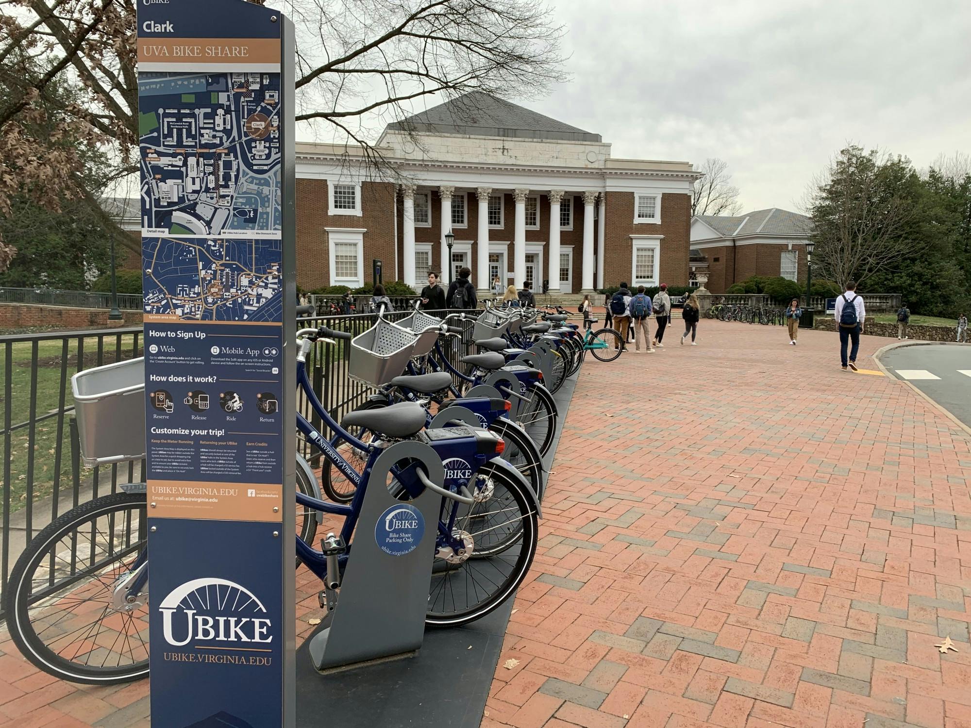 There are more than 60 UBikes available in 17 locations around Grounds, including outside Clark Hall, Newcomb Hall and the Aquatic &amp; Fitness Center.