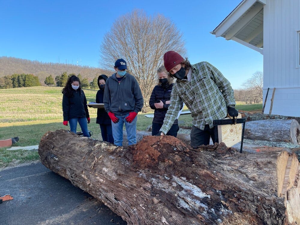 <p>U.Va. Sawmilling invited volunteers to Morven Farms to participate in a milling day, where logs would be converted into more manageable pieces of lumber.&nbsp;</p>