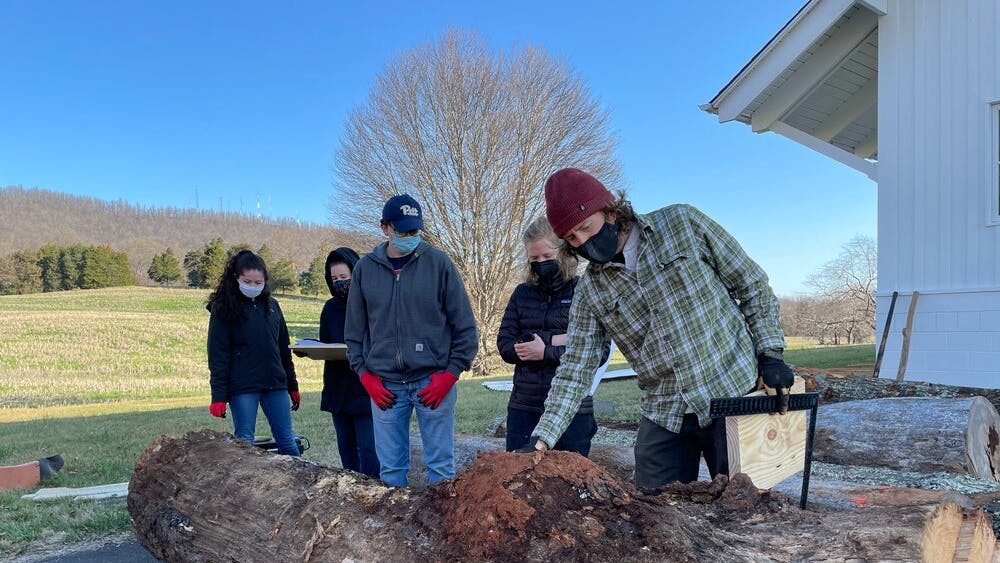 U.Va. Sawmilling invited volunteers to Morven Farms to participate in a milling day, where logs would be converted into more manageable pieces of lumber.&nbsp;