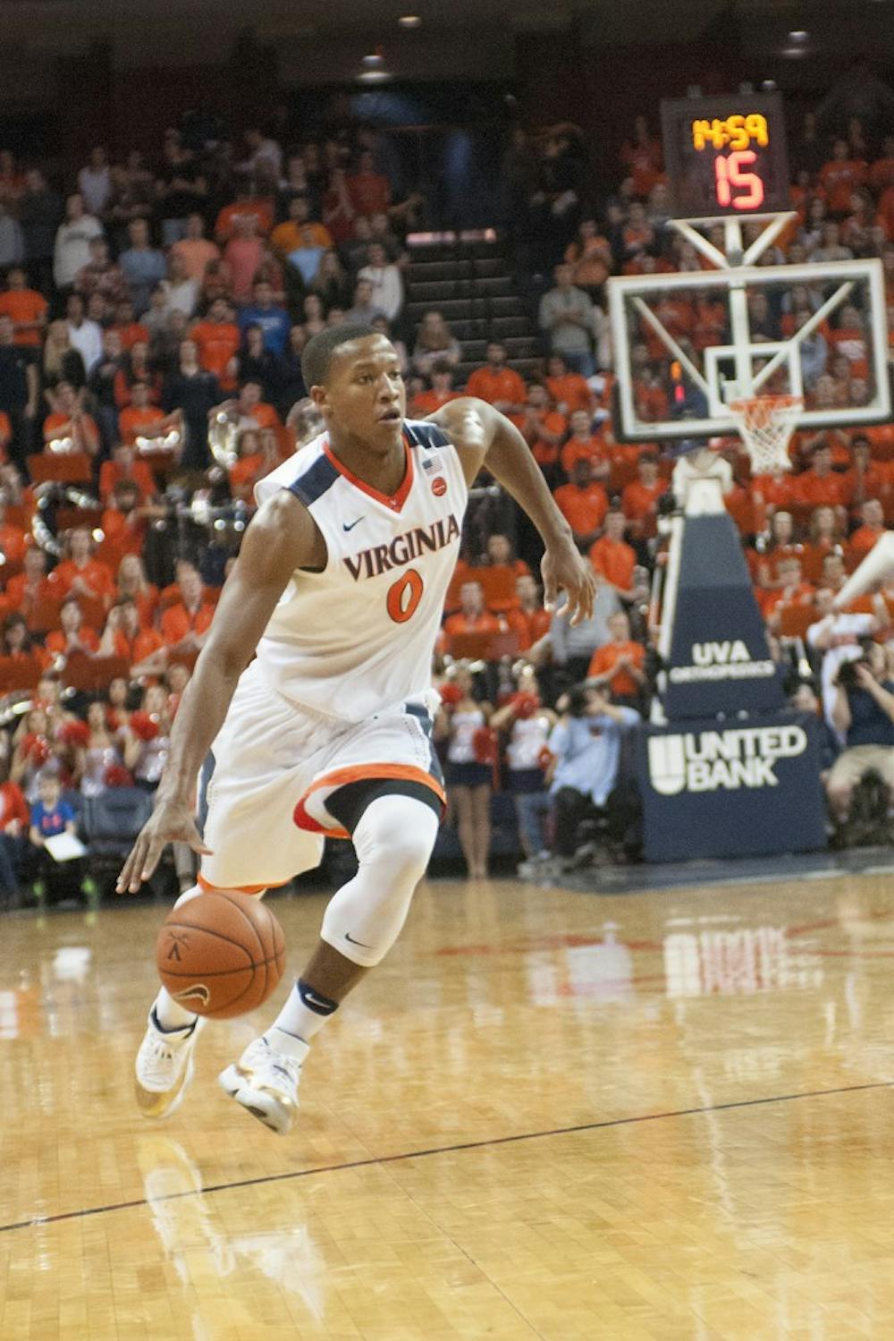<p>Junior guard Devon Hall scored a team-high 13 points, hitting on both of his attempts from behind the three-point line.</p>