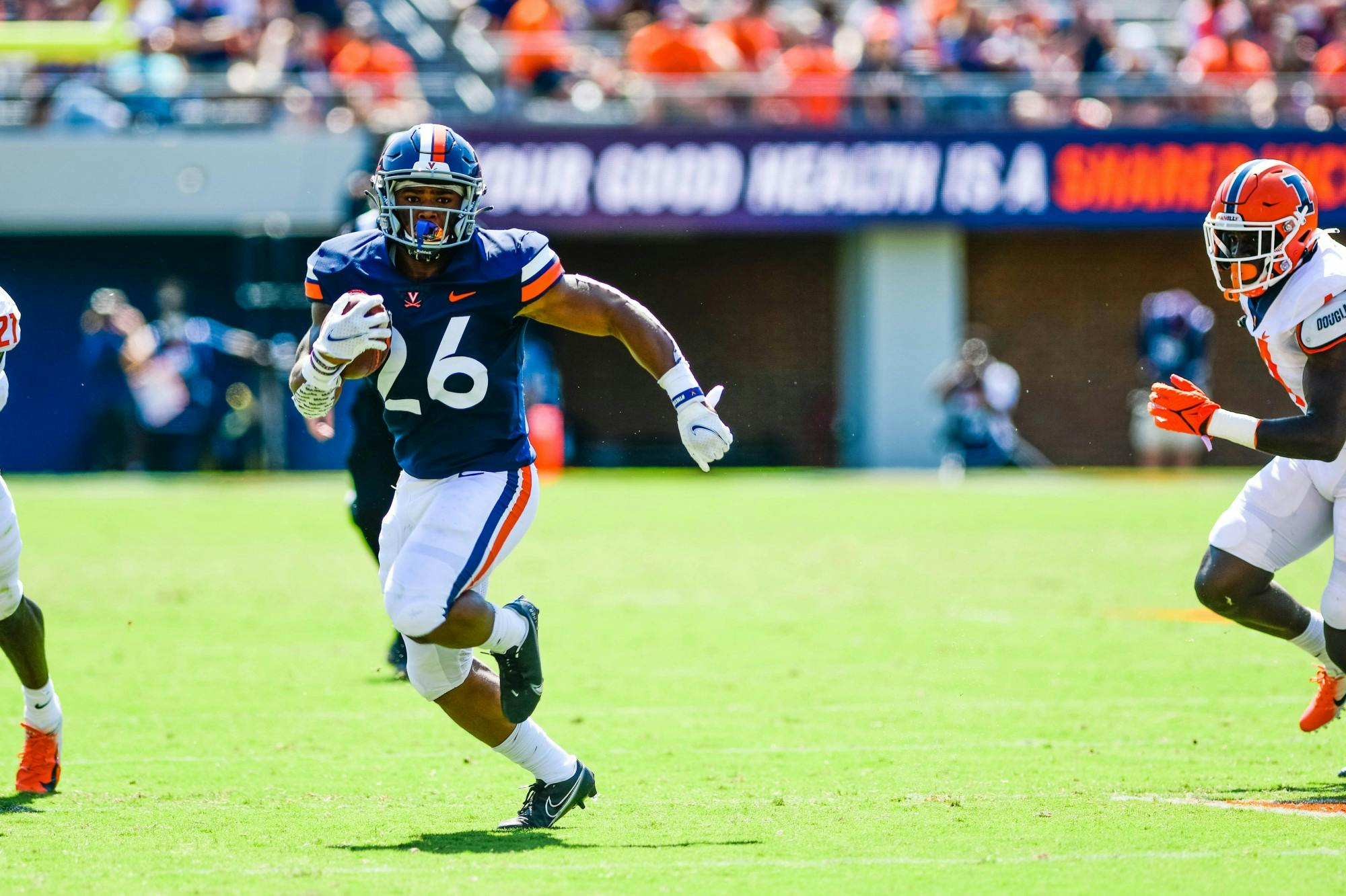 Graduate student running back and Harvard transfer Devin Darrington had four carries for 24 yards for the Cavaliers.&nbsp;