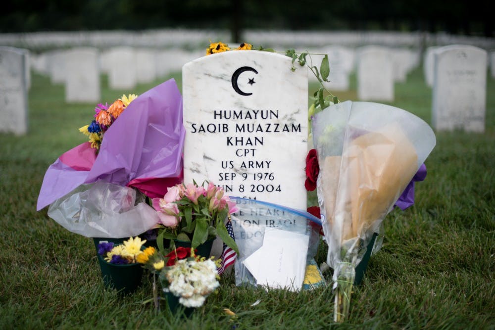 Cpt. Humayun Saqib Muazzam Khan is buried in Section 60 of Arlington National Cemetery, August 2nd, 2016. Khan was killed in action in Iraq on June 8, 2004 during Operation Iraqi Freedom (OIF). Cpt Khan was posthumously awarded the Purple Heart and the Bronze Star. Khan was laid to rest in Section 60 of Arlington National Cemetery on June 17, 2004. (U.S. Army Photo by Sgt. Cody W. Torkelson)