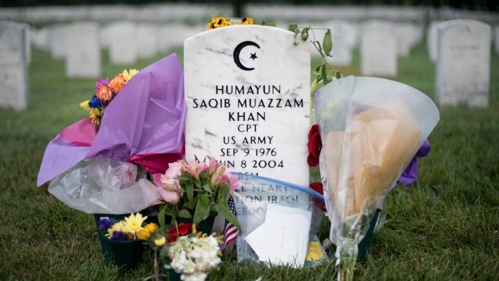 Cpt. Humayun Saqib Muazzam Khan is buried in Section 60 of Arlington National Cemetery, August 2nd, 2016. Khan was killed in action in Iraq on June 8, 2004 during Operation Iraqi Freedom (OIF). Cpt Khan was posthumously awarded the Purple Heart and the Bronze Star. Khan was laid to rest in Section 60 of Arlington National Cemetery on June 17, 2004. (U.S. Army Photo by Sgt. Cody W. Torkelson)