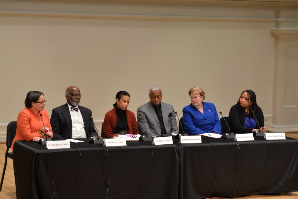 Panel members from left to right: Virginia State Sen. Jennifer McClellan (D-Richmond), Dr. Wesley Harris, Dr. Andrea Douglas, Pastor Lehman Bates, University President Teresa Sullivan and Charlottesville Mayor Nikuyah Walker.&nbsp;