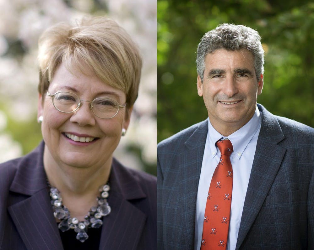 University President Teresa Sullivan (left) and&nbsp;Executive Vice President and Provost Tom Katsouleas (right).
