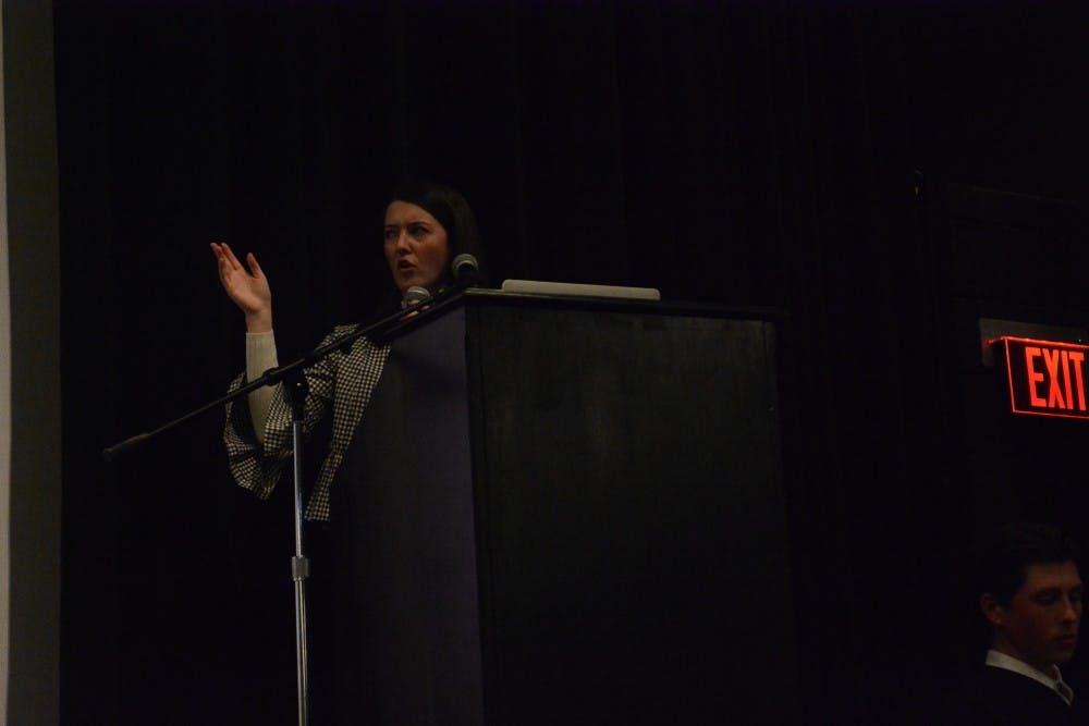 Sydney Bradley, third-year College student and co-chair of Student Council's Academic Affairs committee, presents the College's new low-enrollment policy.