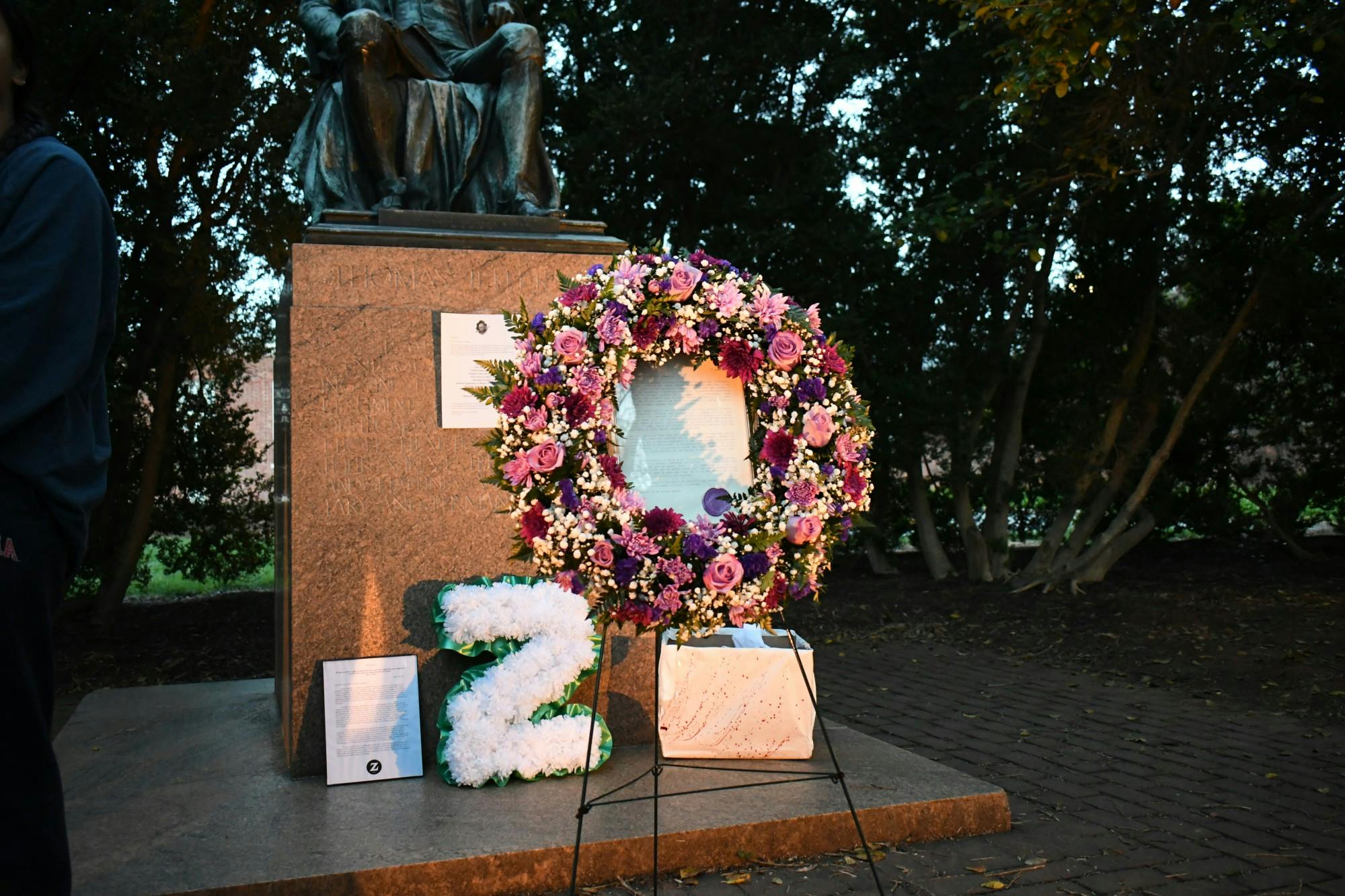 Jefferson’s birthday also stirred lots of action from the secret societies on Grounds — earlier in the day, the Society of the Purple Shadows marched across the Lawn at 6:30 a.m. and placed a wreath and letter in front of the Thomas Jefferson statue with a crowd of about 20 people.&nbsp;