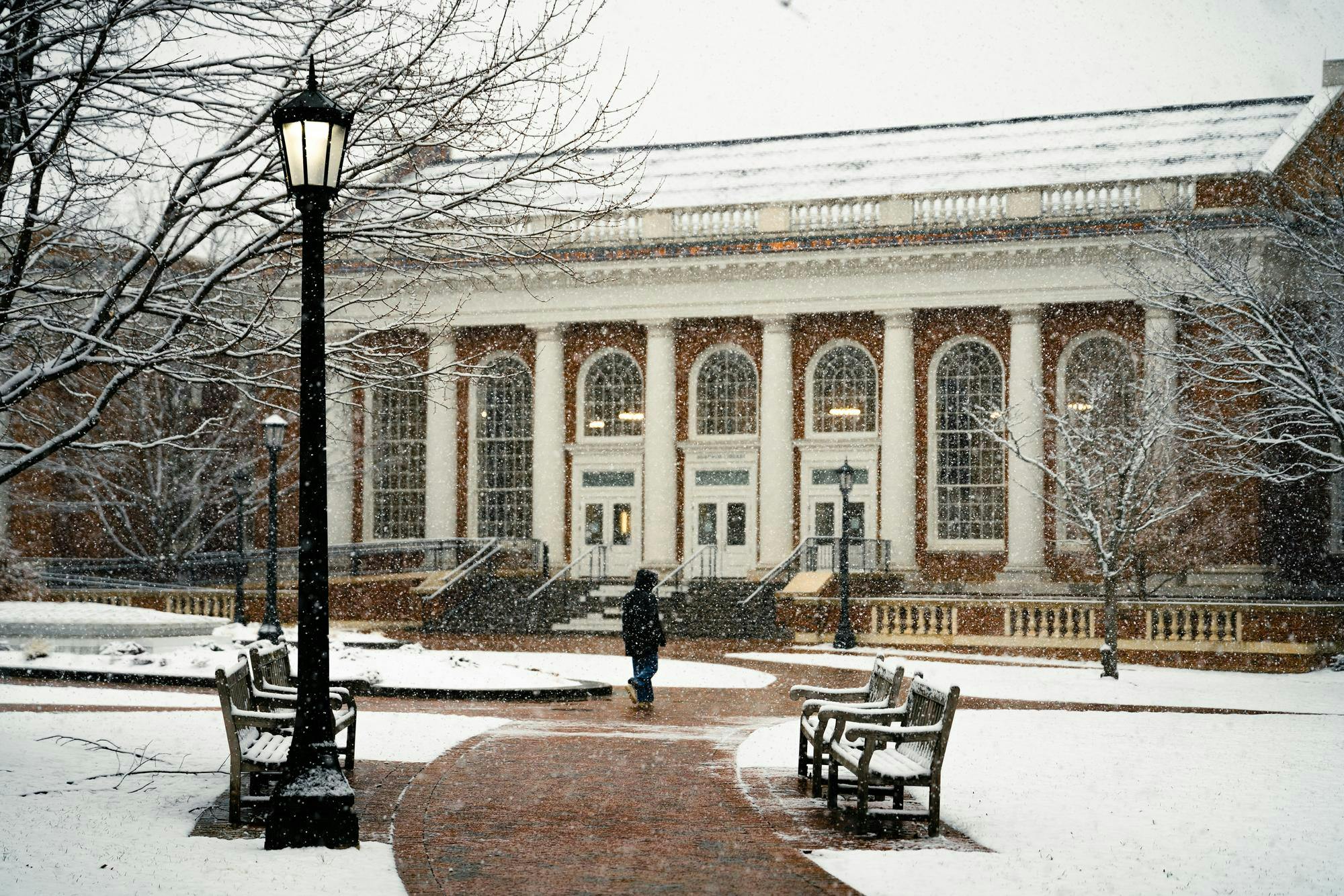 A University building laden with snow, photographed Feb. 15, 2025.