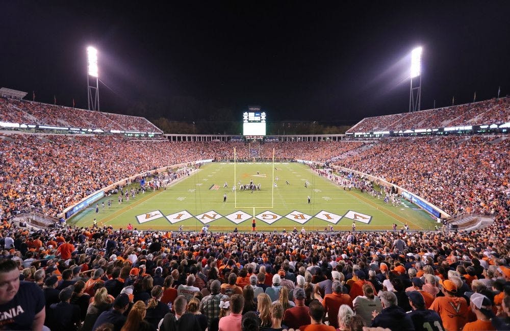<p>Nearly 58,000 fans packed the stands of Scott Stadium for a primetime matchup against Florida State in 2019.</p>