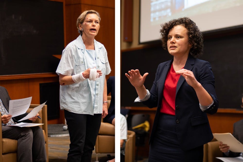 <p>Democratic candidates for the 57th District seat Kathy Galvin (left) and Sally Hudson (right) debate ahead of the primary election, which is scheduled for June 11.</p>