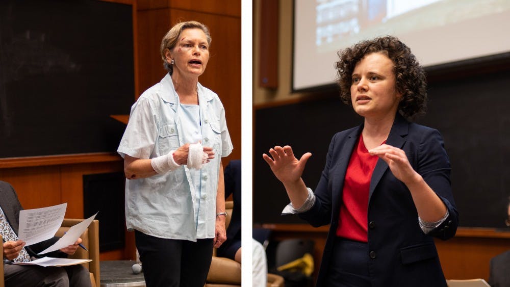 Democratic candidates for the 57th District seat Kathy Galvin (left) and Sally Hudson (right) debate ahead of the primary election, which is scheduled for June 11.