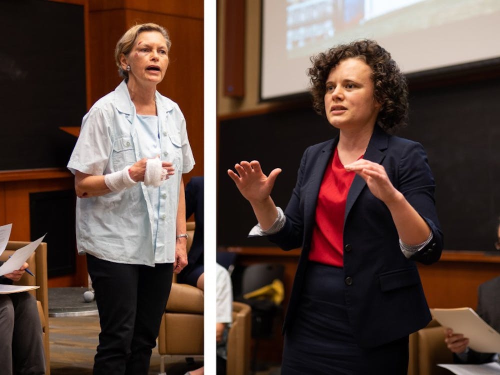 Democratic candidates for the 57th District seat Kathy Galvin (left) and Sally Hudson (right) debate ahead of the primary election, which is scheduled for June 11.