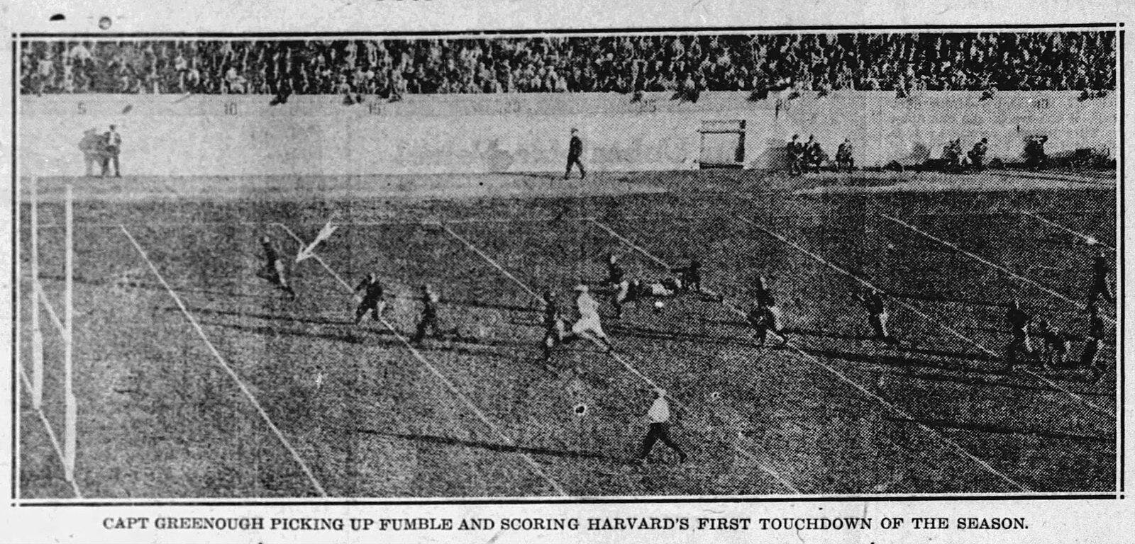 A clipping from the Boston Globe showing a 1924 football game between Harvard and Virginia, 23 years before the two schools helped integrate southern college football.