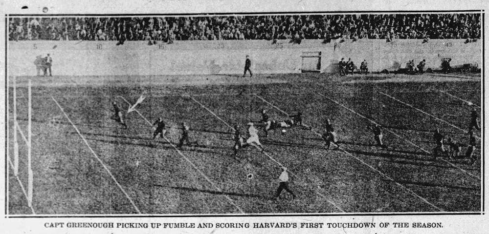 <p>A clipping from the Boston Globe showing a 1924 football game between Harvard and Virginia, 23 years before the two schools helped integrate southern college football.</p>