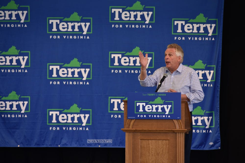<p>Former Governor and current gubernatorial candidate Terry McCauliffe speaks to a crowd at Get Out the Vote event at the Ting Pavilion.</p>