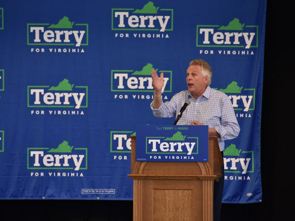 Former Governor and current gubernatorial candidate Terry McCauliffe speaks to a crowd at Get Out the Vote event at the Ting Pavilion.