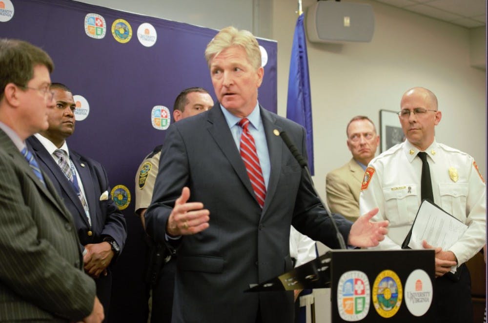 <p>Brian Moran, Virginia Secretary of Public Safety and Homeland Security, speaking at Monday's press conference.&nbsp;</p>