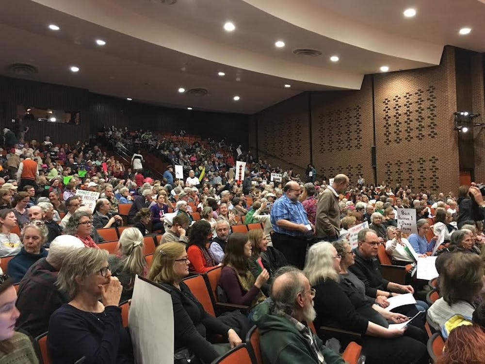 Town hall attendees packed the Martin Luther King Jr. Performing Arts Center on Sunday afternoon.&nbsp;