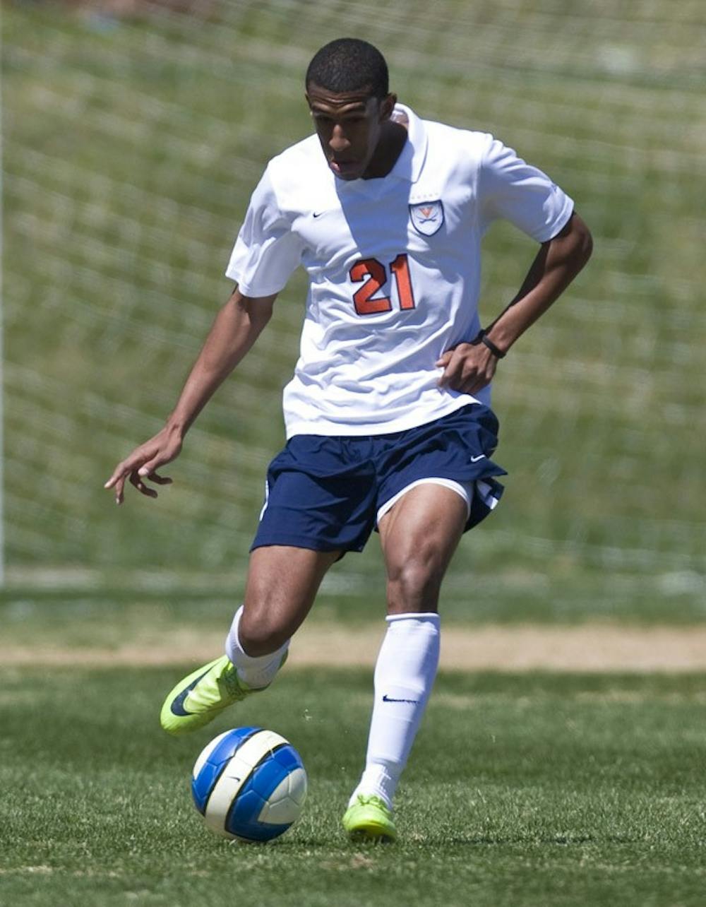 Virginia Cavaliers defender Shawn Barry (21).  The North Carolina State Wolfpack defeated the Virginia Cavaliers 1-0 in NCAA Men's Soccer during a spring scrimmage at the Klockner Stadium practice field on the Grounds of the University of Virginia in Charlottesville, VA on April 4, 2009.