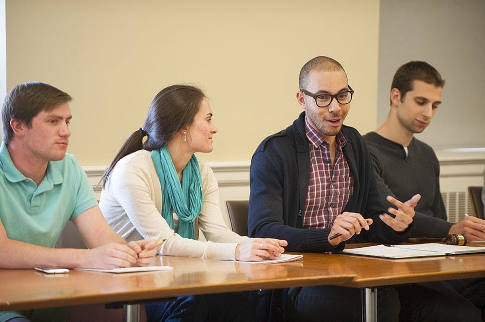	First-year Law student Patrick Greco, third-year Nursing Caroline Eckert, and third-year College student Timothy Kimble are pictured above. Kimble is the current chair of the University Judiciary Committee and Eckert is Vice-Chair for first-years. Greco is Senior Counselor. 