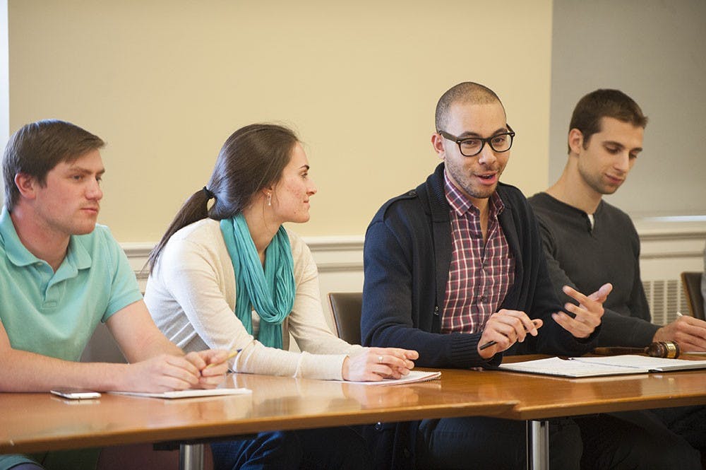 	<p>First-year Law student Patrick Greco, third-year Nursing Caroline Eckert, and third-year College student Timothy Kimble are pictured above. Kimble is the current chair of the University Judiciary Committee and Eckert is Vice-Chair for first-years. Greco is Senior Counselor. </p>