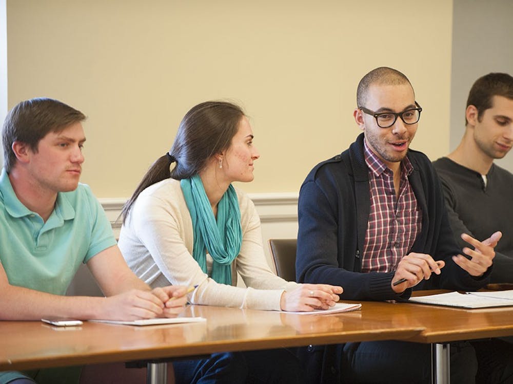 First-year Law student Patrick Greco, third-year Nursing Caroline Eckert, and third-year College student Timothy Kimble are pictured above. Kimble is the current chair of the University Judiciary Committee and Eckert is Vice-Chair for first-years. Greco is Senior Counselor.