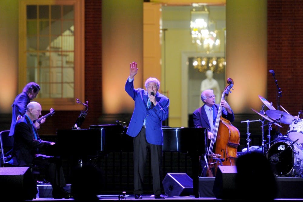 <p>Tony Bennett performs in front of the Rotunda at the "Honor the Future" campaign event.</p>